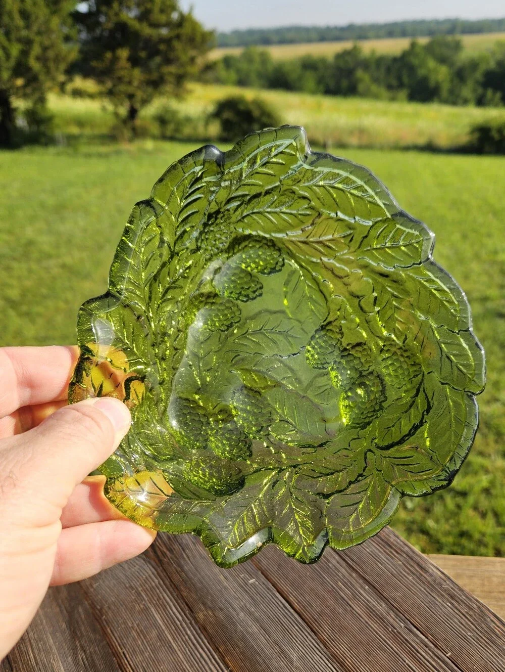 Green glass berry bowl with embossed leaf and berry design  #cottagecore